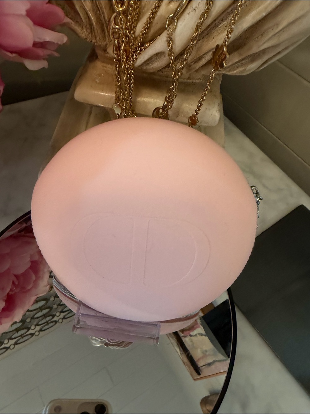 Dior Parfum Pink Round Luxury Silicon beauty case, Lippy, powder sponges, dusty